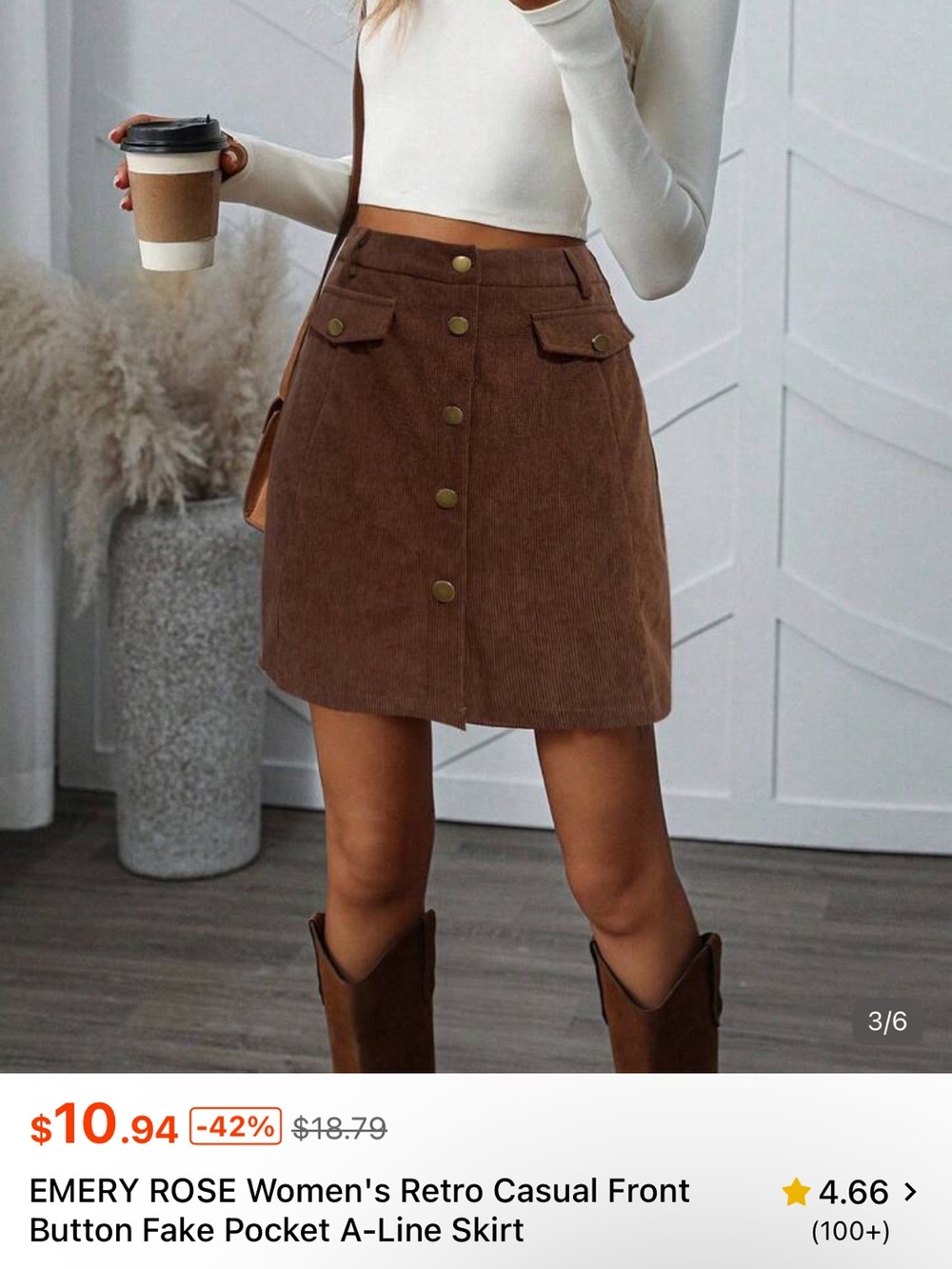 Brown A-Line Button Front Corduroy Skirt
